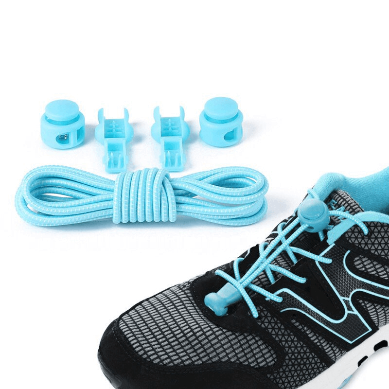Stylish Elastic Laces in sky blue with spring buckles for sports shoes, showcasing no-tie convenience on a black sneaker.